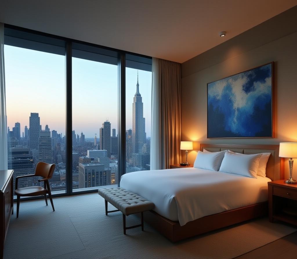 Artist Suite with floor-to-ceiling windows and modern art pieces